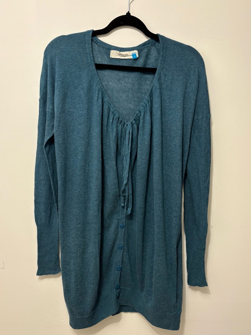 ANTHROPOLOGIE - Sparrow Teal Knit Button Down drawstring Scoopneck Sweater